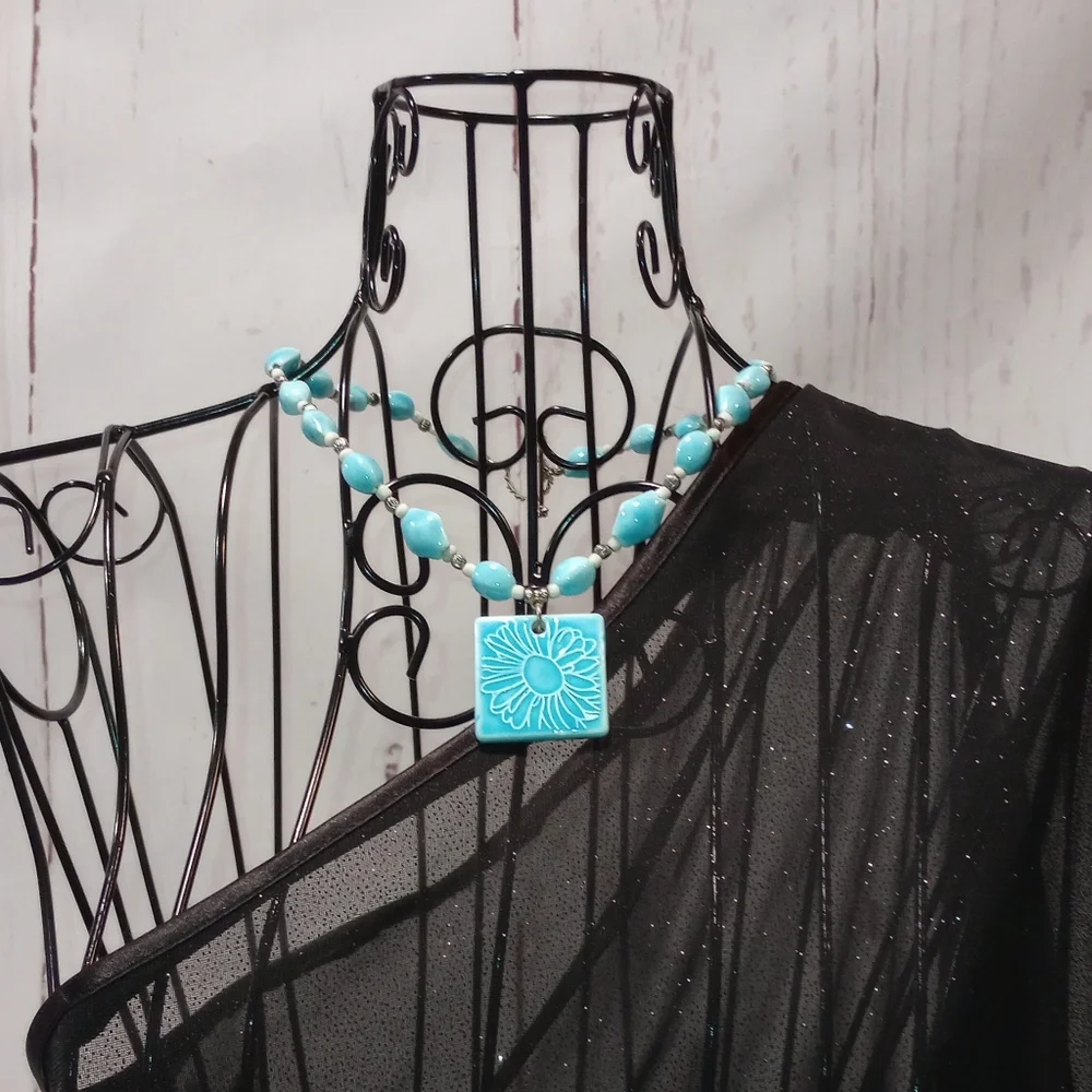 Blue Flower Ceramic Bead Necklace - Picture 2 of 14